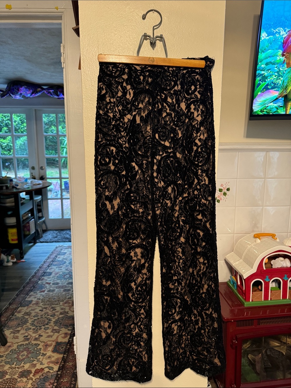 Vintage TOM BARRA COLLECTION Black Lace Sparkle Wide-Leg Evening Pant size Small